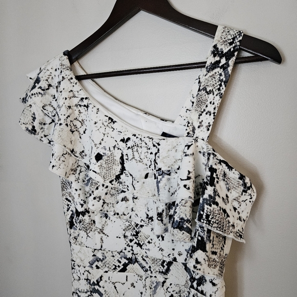 Rachel Roy Midi Dress Elegant Black White Snake Print Cocktail Neutral Ruffle - Picture 3 of 15